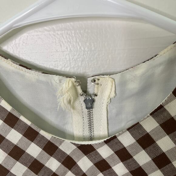 Vintage 60s Gingham Sheath Dress Short Sleeve Brown White Womens Handmade 4 - Picture 7 of 12